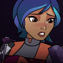 a close up of a cartoon character with blue hair and brown eyes