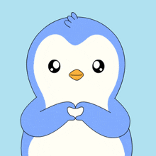 a blue and white penguin with a yellow beak is looking at the camera