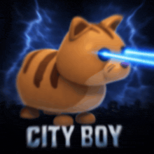 a cat with a laser beam coming out of its eyes and the words city boy