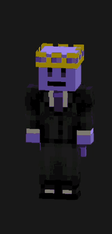 a purple minecraft character wearing a black suit and tie