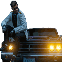 a man in a suit sits on the hood of a car with a california tag