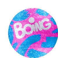 a pink and blue circle with the word bang written in silver