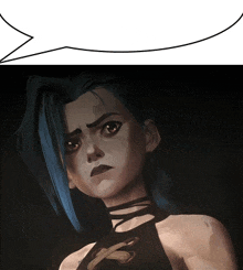 a girl with blue hair and a speech bubble above her head