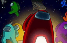 a group of cartoon characters are standing next to each other in a spaceship .