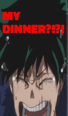 a cartoon character is crying with the words " my dinner ? " written above him