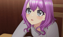 a girl with purple hair is sitting at a table with her mouth open