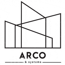 a black and white logo for arco & systems with a building in the background