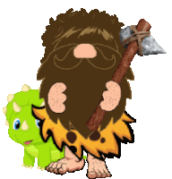 a cartoon drawing of a caveman holding an axe next to a dinosaur