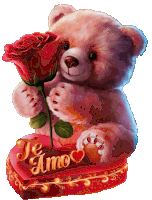 a teddy bear holding a rose next to a heart that says i love you