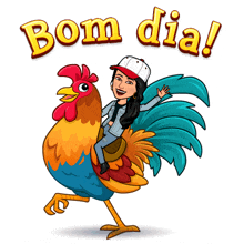 a cartoon of a woman riding on the back of a rooster with the words bom dia behind her