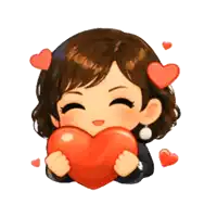 a cartoon girl is holding a large red heart in her hands surrounded by hearts .