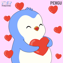 a penguin is hugging a red heart with hearts surrounding it and the name pengu on the bottom