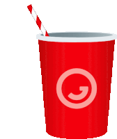 a red cup with a red and white striped straw and a circle with the letter g on it