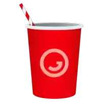 a red cup with a red and white striped straw and a circle with the letter g on it