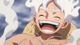 a cartoon character with white hair is smiling with smoke coming out of his mouth