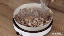 a pan of ground beef and onions is being stirred with a wooden spoon on a made in animatica stove