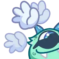 a cartoon drawing of a green monster with blue ears and a blue paw