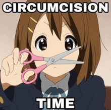 a girl in a school uniform is holding a pair of scissors in front of her mouth .