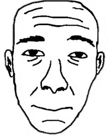 a black and white drawing of a man 's face with a sad expression on it .