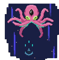 a pixel art of a pink octopus with green eyes on a dark background