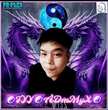 a picture of a man with a purple dragon and a blue yin yang symbol