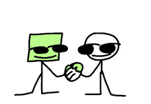 a cartoon of two stick figures shaking hands with each other .