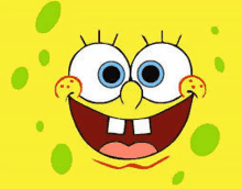 spongebob squarepants is smiling on a yellow background .