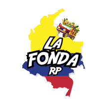 a logo for la fonda rp with a yellow blue and red map