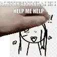 a hand is holding a cartoon character over a woman 's head and says `` help me help '' .