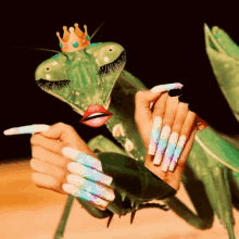 a ladybug with a crown on its head is being held by a woman with long nails