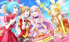 a group of anime girls are celebrating a birthday with a cake