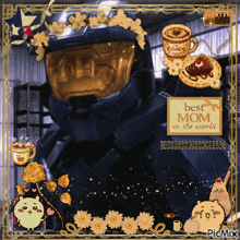a picture of a man with a helmet and a sign that says best mom in the world