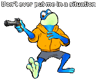 a frog is holding a gun with the words " do n't ever put me in a situation " on the bottom