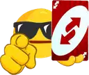 a yellow smiley face wearing sunglasses is holding a uno card .