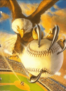 a painting of an eagle holding a baseball in its talons