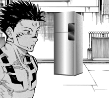 a black and white drawing of a person standing next to a refrigerator