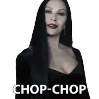 a woman in a black dress with chop-chop written on it