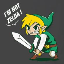 a cartoon of link holding a sword with the words i 'm not zelda below him