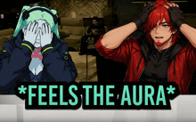 a man and a woman are standing next to each other with the words * feels the aura * below them