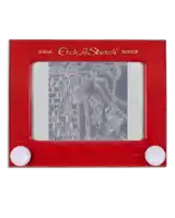 a red etch a sketch with a drawing on it