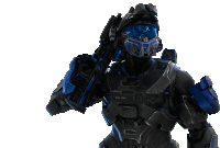 a futuristic soldier with a blue helmet and a rifle