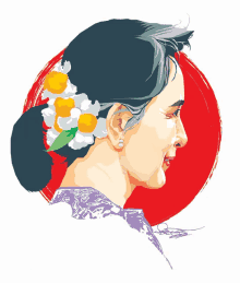 a drawing of a woman with flowers in her hair and a red circle in the background