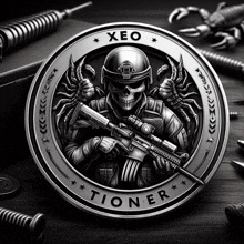 a coin with a skull holding a gun and xeo tioner written on it