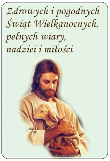 a picture of jesus holding a sheep with the words " zdrowych i pogodnych swiat wielkanocnych "