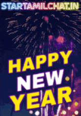 a poster that says happy new year with fireworks behind it