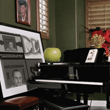 a picture of a man on the successgrid podcast sits above a piano