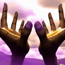 a pair of hands with purple nails reaching out towards a cloudy sky