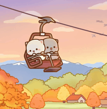 a cartoon of two cats riding a ski lift with mountains in the background