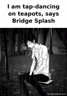 a black and white image of a boy on a swing in the rain