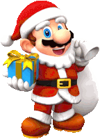 a cartoon character dressed as santa claus holding a gift